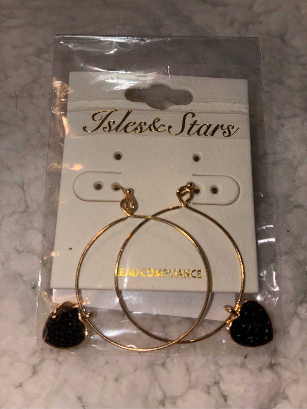 Isles & Stars Fashion Jewelry Hoop Earrings with Heart Shaped Black Dangly Druzy